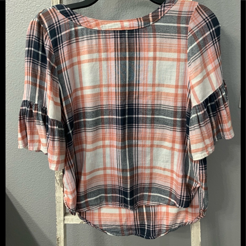 Orange & blue plaid top with bell sleeves